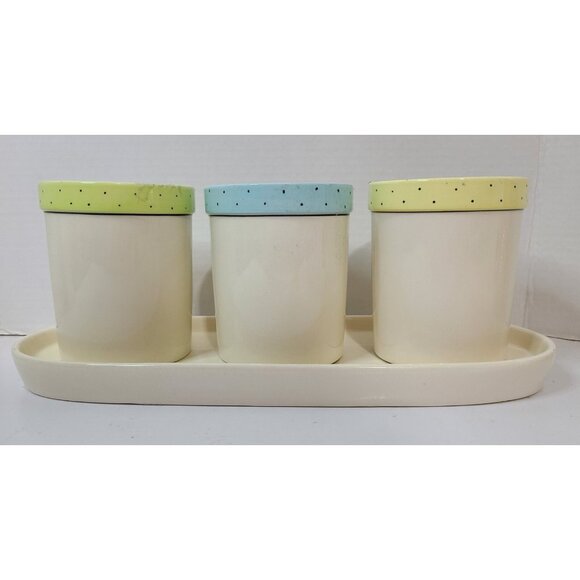 Rae Dunn 4pc Polka Dot Fork Knife Spoon Utensil Jars & Platter Blue Green Yellow - Picture 2 of 15